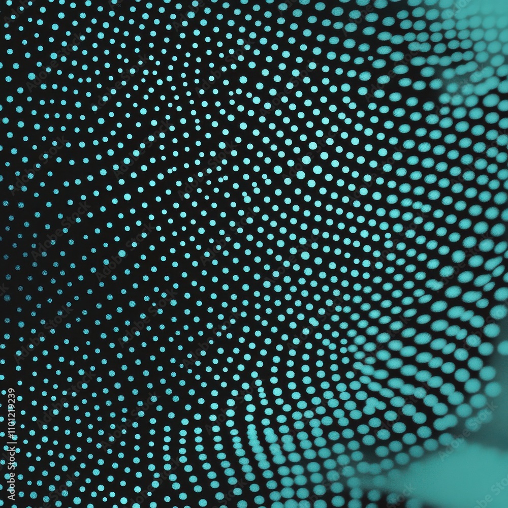 Poster a mesmerizing abstract pattern of turquoise dots on a dark background, creating a sense of depth and