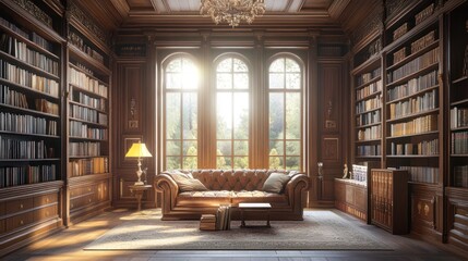 Luxurious Library with Leather Sofa and Sunlit Windows