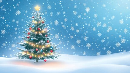 A snowy landscape featuring a decorated Christmas tree with lights and ornaments.