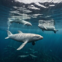 Fototapeta premium A beluga whale mother and calf swimming in an arctic, transparent sea.