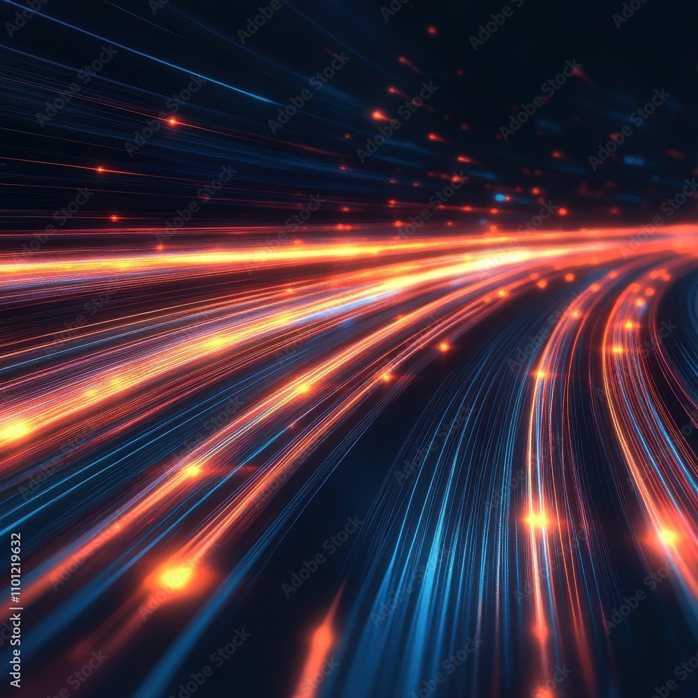 Poster abstract colorful light trails in blue and orange hues creating a dynamic sense of motion.