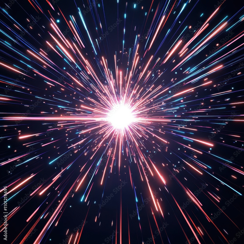 Poster a vivid explosion of colorful light beams radiating from a central point, creating a dynamic and ene