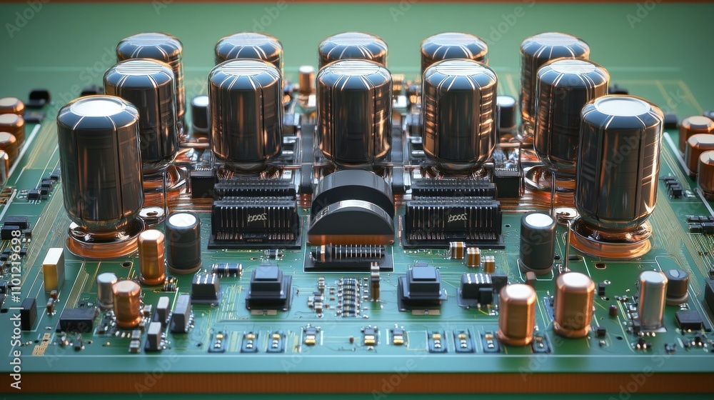 Poster transistor pcb macro with powerful transistors capacitors large enough for power control background 