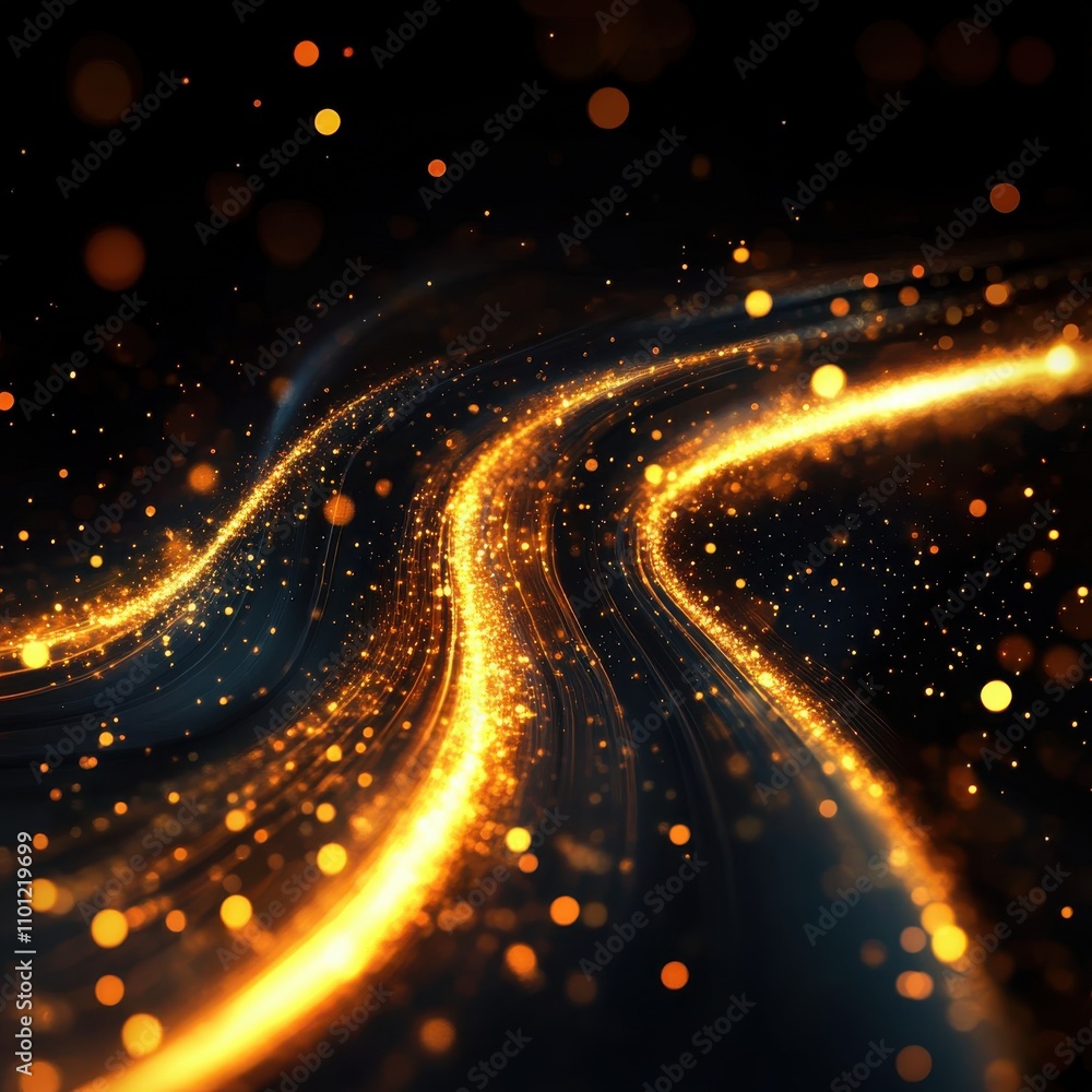 Poster Dynamic golden light trails weaving through a dark backdrop, creating a mesmerizing and ethereal effect.