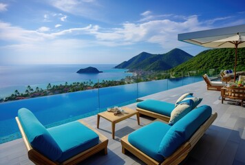 Fototapeta premium Indulge in a Luxurious Oceanfront Resort Villa complete with an Infinity Pool and a Scenic View