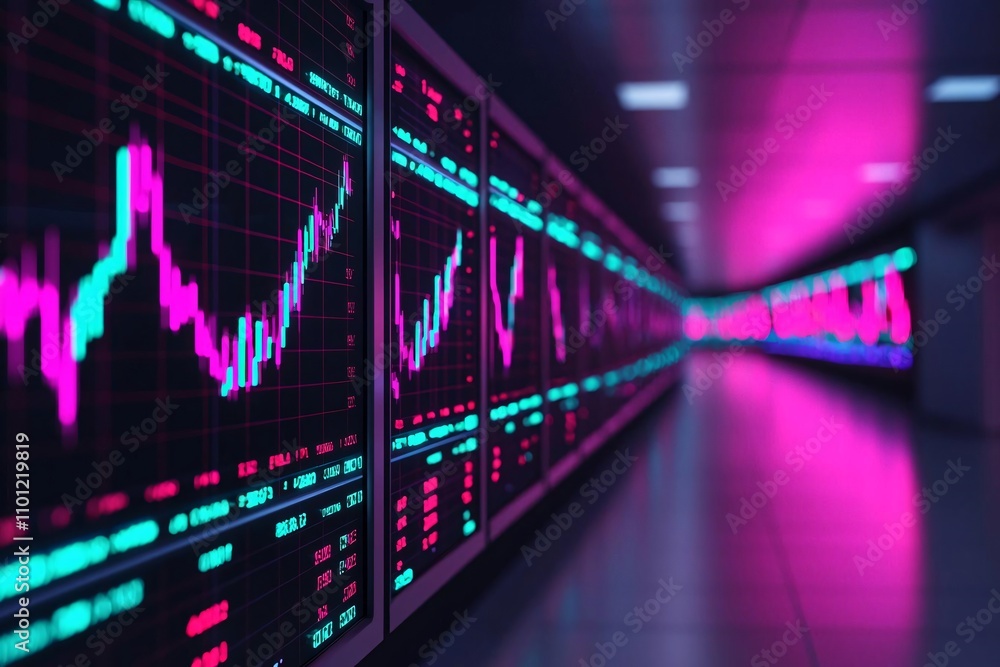 Poster vibrant display of stock market data with colorful graphs in a modern digital environment.