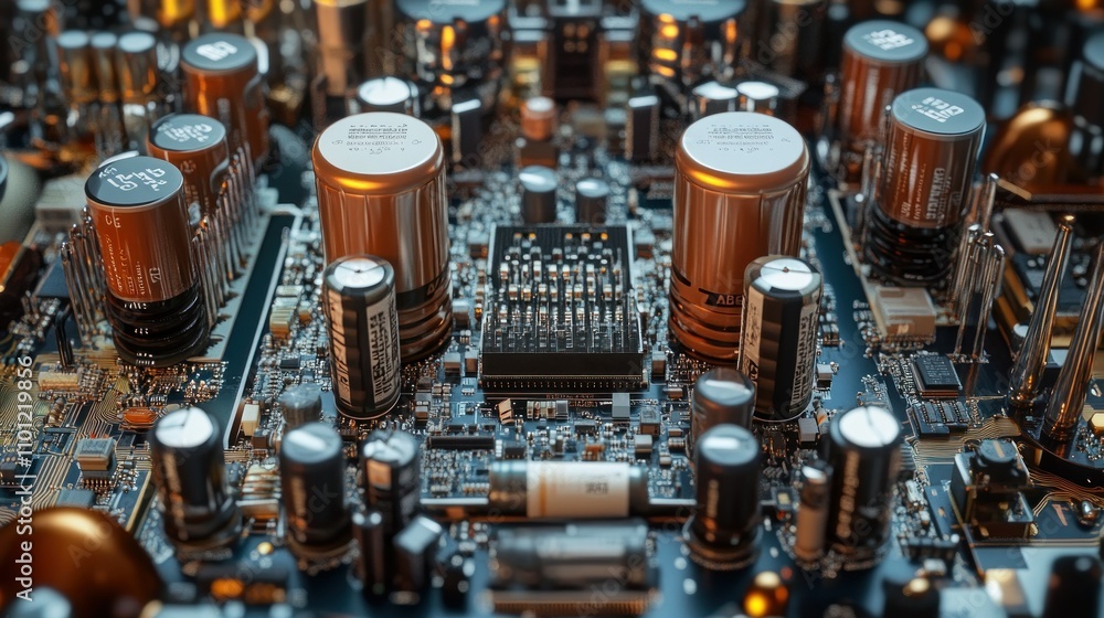 Poster power capacitors installed in radio circuits pcb, designed to filter and smooth electrical noise bac