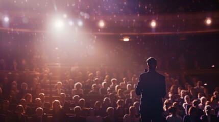 Naklejka premium A business professional giving a keynote speech at a large conference, with a spotlight illuminating the stage, The audience is slightly blurred