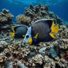 A pair of emperor angelfish swimming near a coral wall in a vivid, clear sea.

