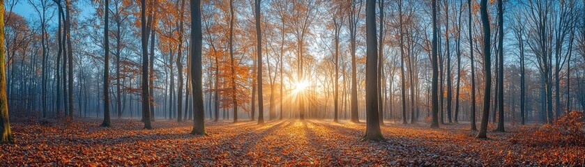 Fototapeta premium Stunning Autumn Forest Panorama with Sunlight Streaming Through Tall Trees and Colorful Foliage