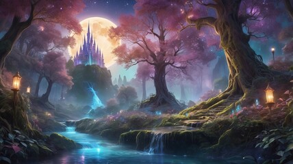 Naklejka premium Fantasy forest art featuring towering trees and glowing leaves, exuding a mysterious charm. 