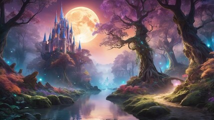 Fototapeta premium Fantasy art of a mysterious forest with towering ancient trees and glowing leaves creating a magical scene. 