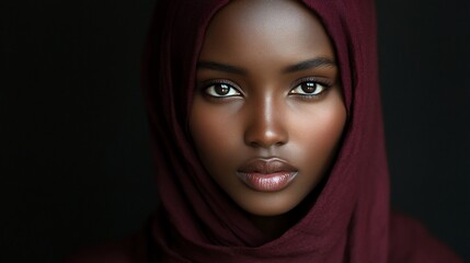 Naklejka premium Close-up portrait of a young Black woman wearing a maroon hijab, gazing directly at the camera against a dark background.