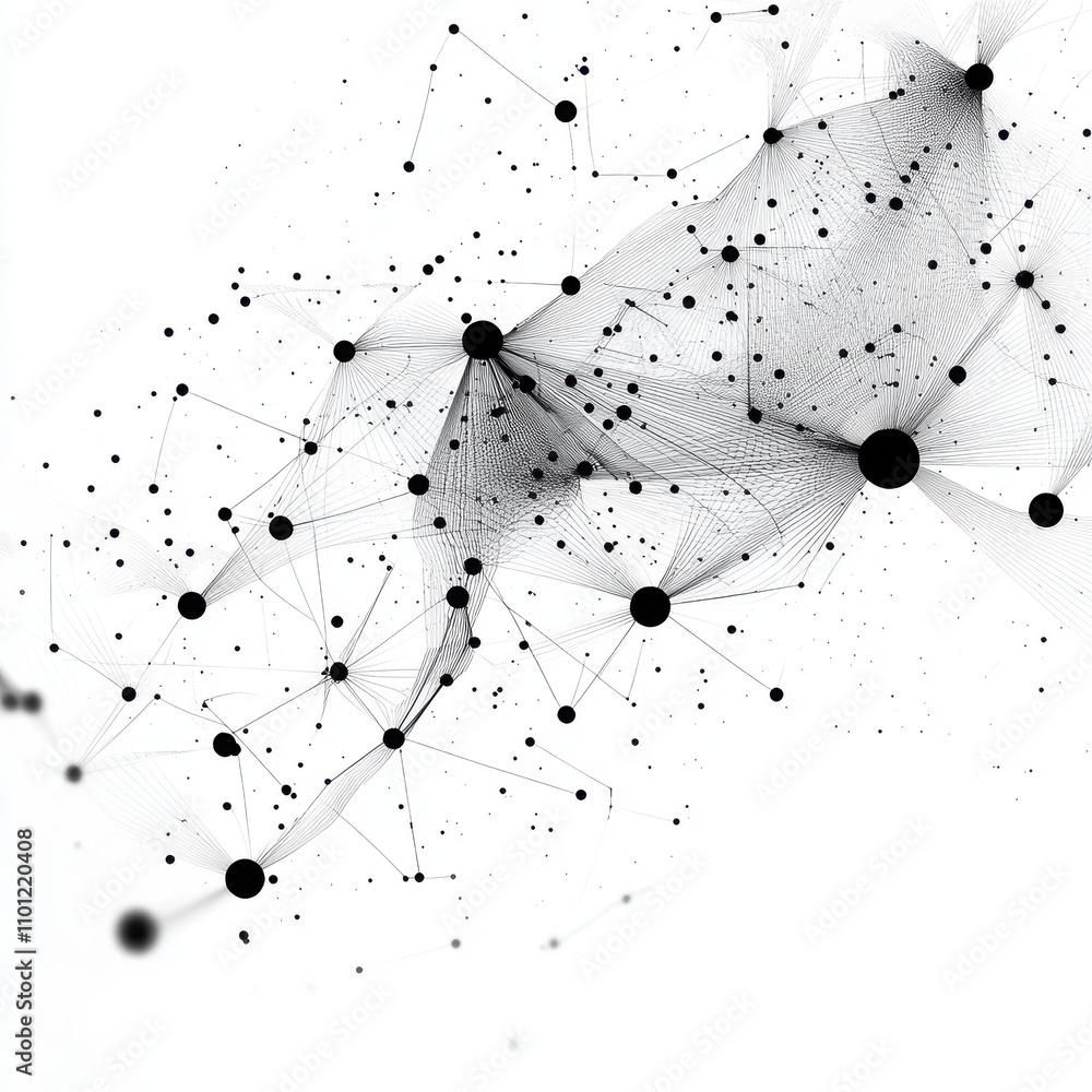 Poster abstract black and white network design with dots and lines creating a dynamic, modern visual effect