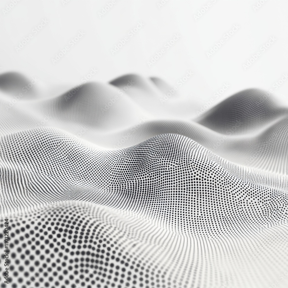 Poster abstract landscape of textured dots creating subtle waves in monochrome shades, evoking depth and di