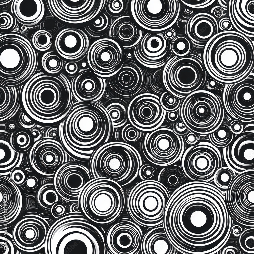 Poster a captivating black and white abstract pattern featuring an array of concentric circles, creating a 