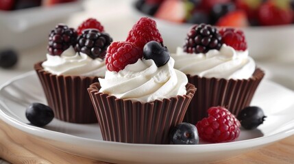 Delectable homemade chocolate cupcakes with luscious whipped cream and an array of fresh berries including raspberries blackberries and blueberries artfully displayed on an elegant serving plate