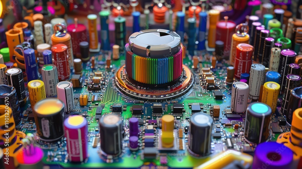 Poster toroidal core inductor circuit is wrapped in tightly coiled copper wire, surrounding it are various 