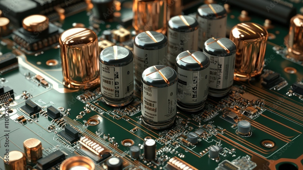 Poster audio amplifier circuit board, highlight capacitors, transistors and component pcb design neatly arr