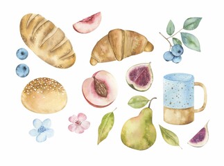 Spring illustration with flowers, fruits and pastries