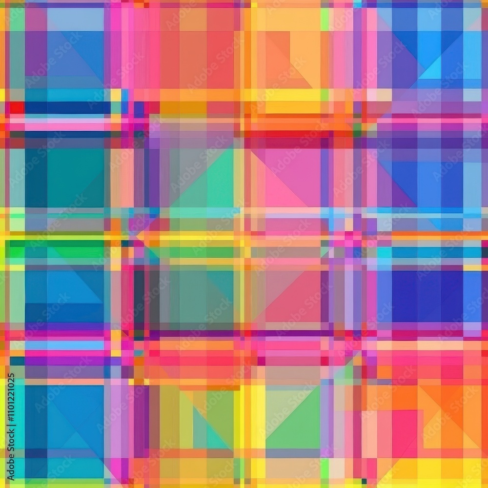 Poster a vibrant abstract pattern featuring colorful squares and rectangles layered in a mosaic style.
