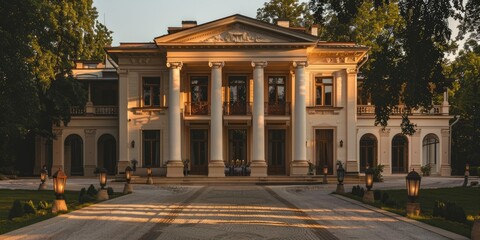 Obraz premium Elegant neoclassical villa with tall white pillars, grand double doors, and a semicircular driveway lined with lanterns. 