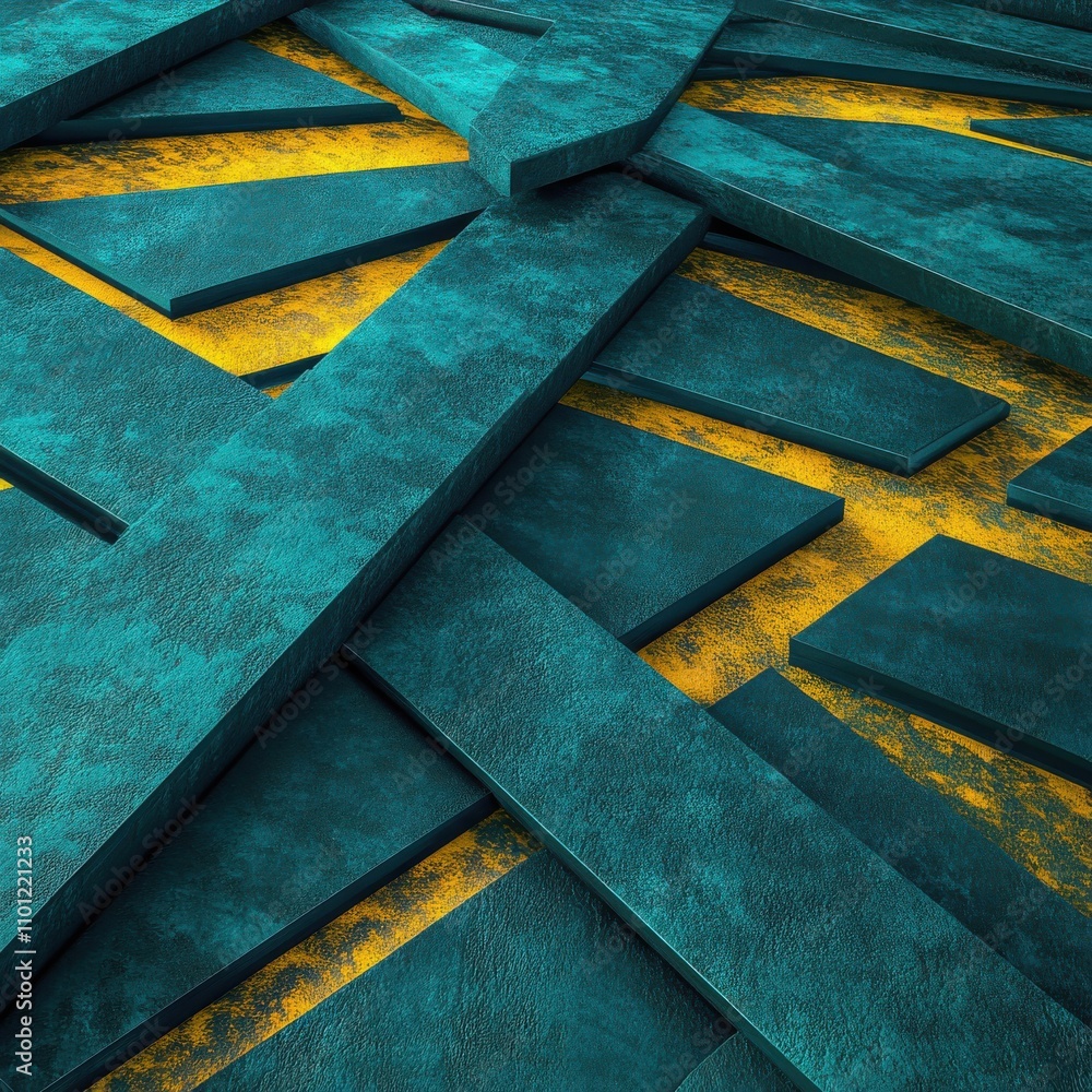 Poster abstract teal and yellow textured layers creating a dynamic and visually striking background.