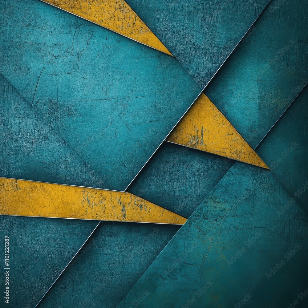 Poster abstract geometric pattern featuring layers of teal and yellow triangles with a textured finish.