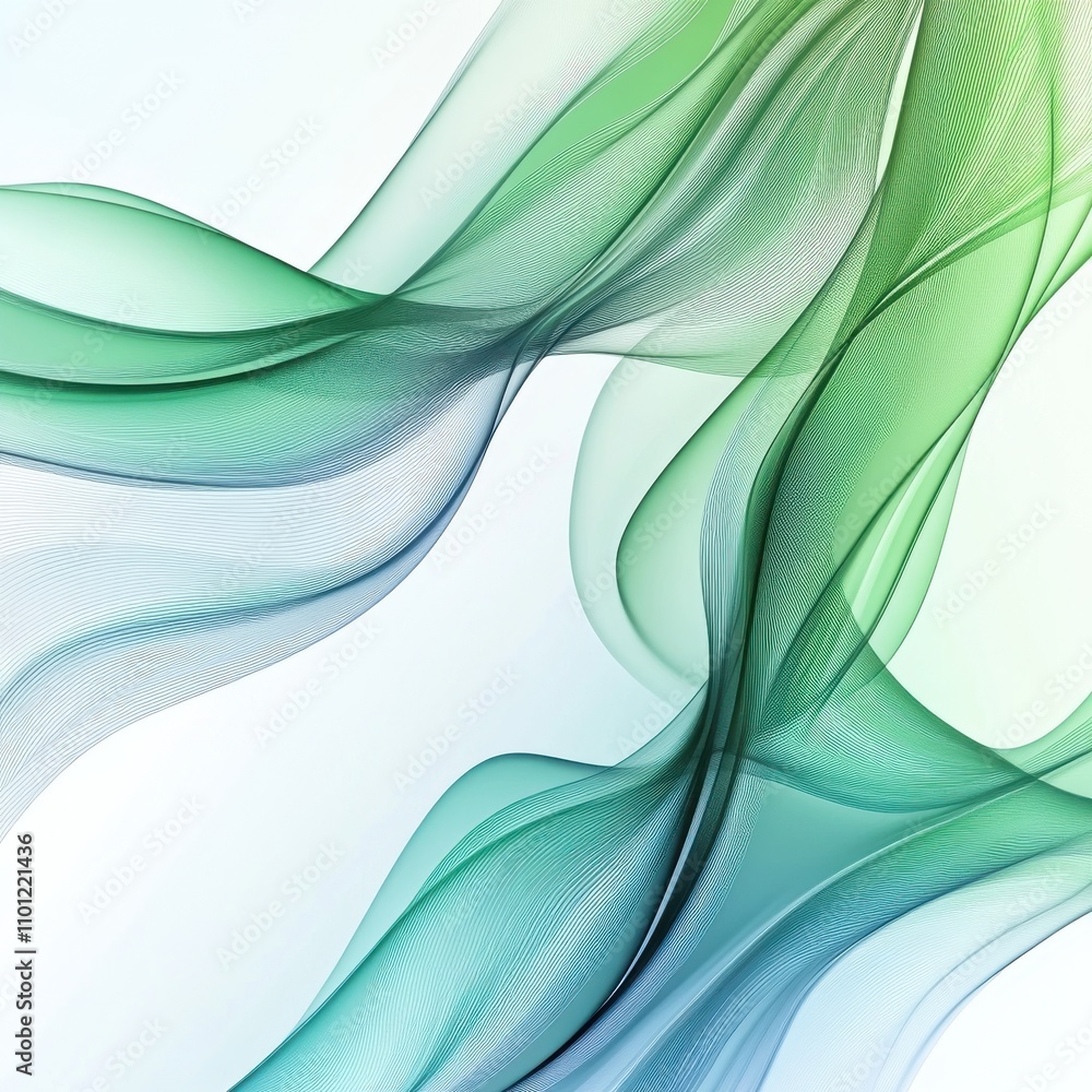 Poster abstract flowing green and blue waves creating a serene and calming atmosphere.