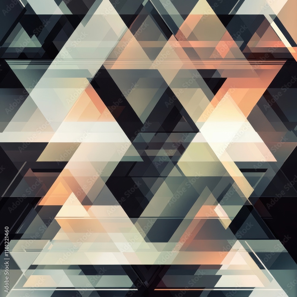 Poster abstract geometric pattern with overlapping triangles in soft hues and sharp angles, creating a mode
