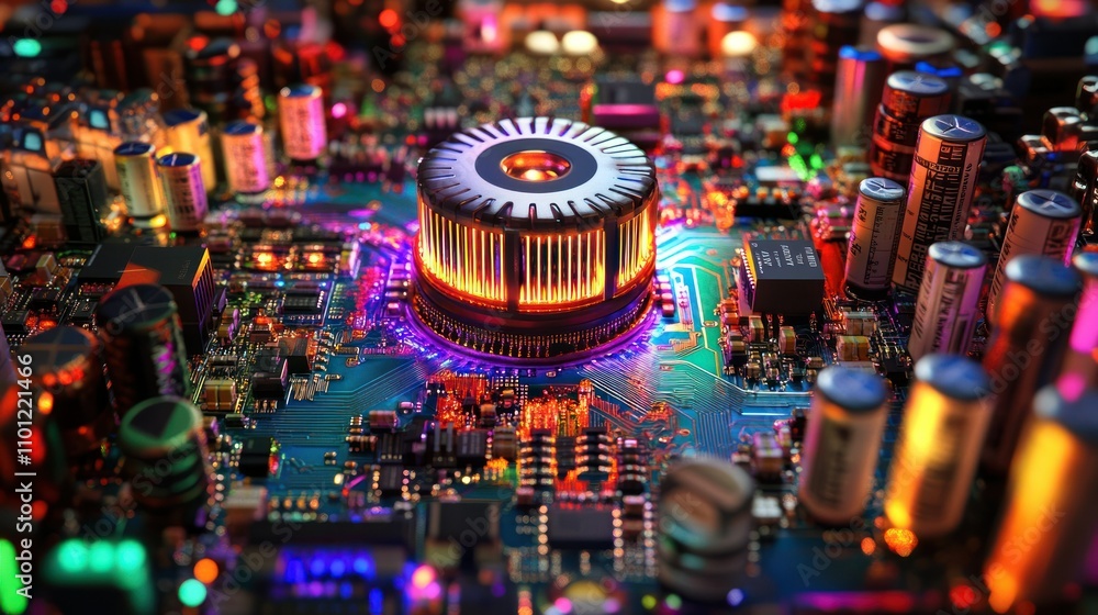 Poster toroidal core inductor circuit is wrapped in tightly coiled copper wire, surrounding it are various 