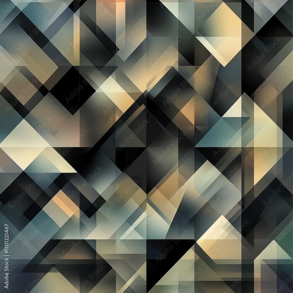 Poster abstract geometric design featuring overlapping triangles in muted colors, creating a dynamic visual