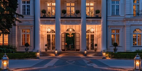 Elegant neoclassical villa with tall white pillars, grand double doors, and a semicircular driveway lined with lanterns. 
