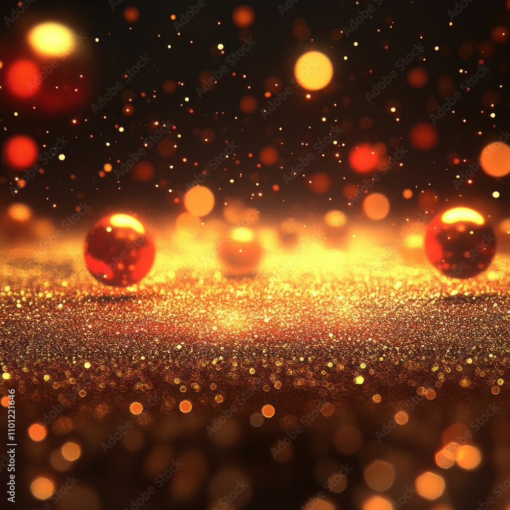 Poster abstract golden glitter background with shimmering orbs, creating a festive and magical atmosphere.