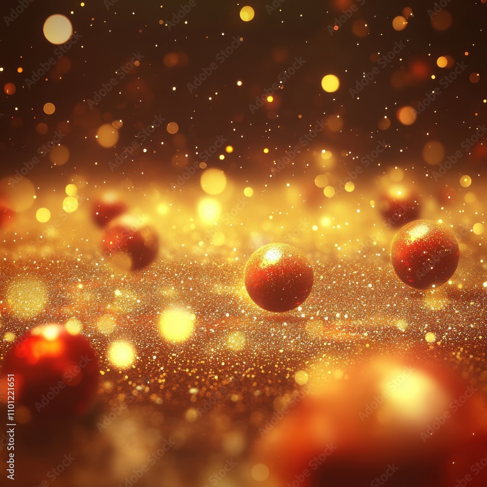 Poster a mesmerizing array of shimmering golden spheres surrounded by sparkling particles, creating a magic