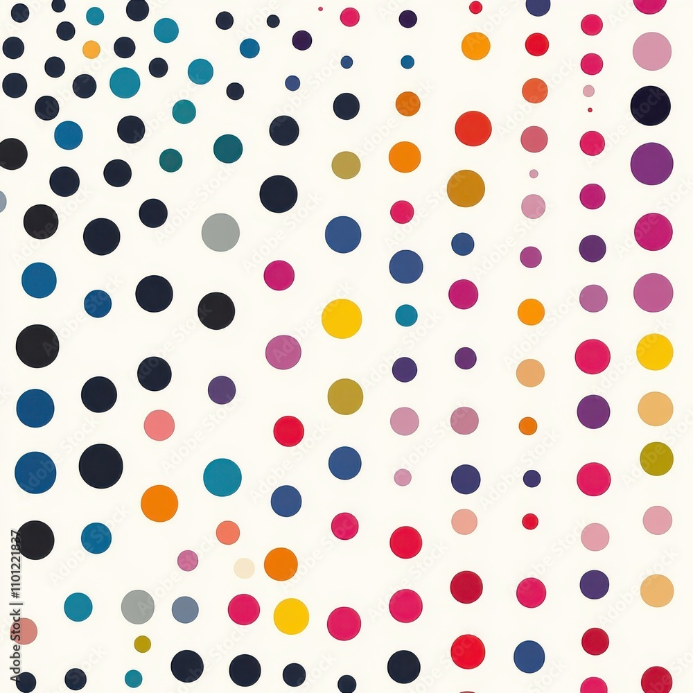 Poster colorful abstract pattern of dots in various sizes and shades on a light background, creating a vibr
