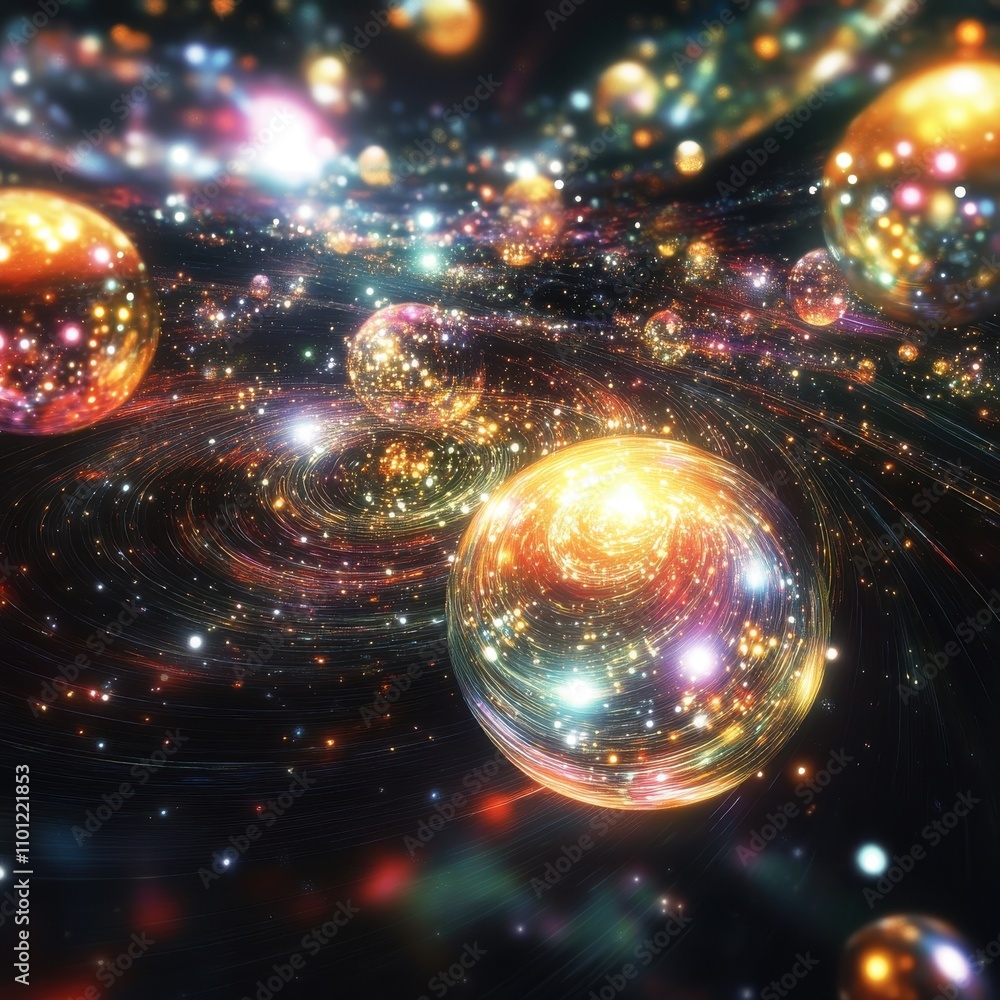 Poster a mesmerizing cosmic scene with glowing orbs and a swirl of colorful stardust in the vastness of spa