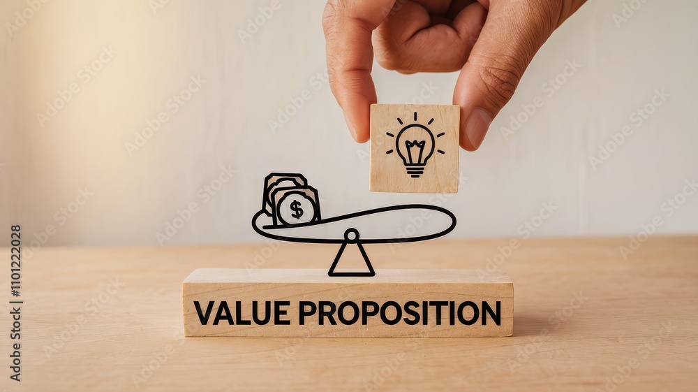 Poster value proposition concept , balancing scales and a bright idea symbolize the process of evaluating o