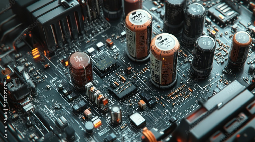 Poster power capacitors installed in radio circuits pcb, designed to filter and smooth electrical noise bac