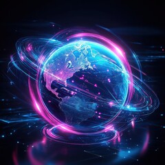 Obraz premium A stunning digital representation of Earth encircled by colorful energy rings, showcasing a futuristic atmosphere.