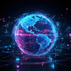 Obraz premium A vibrant, futuristic representation of Earth with glowing networks in blue and pink hues, symbolizing global connectivity.