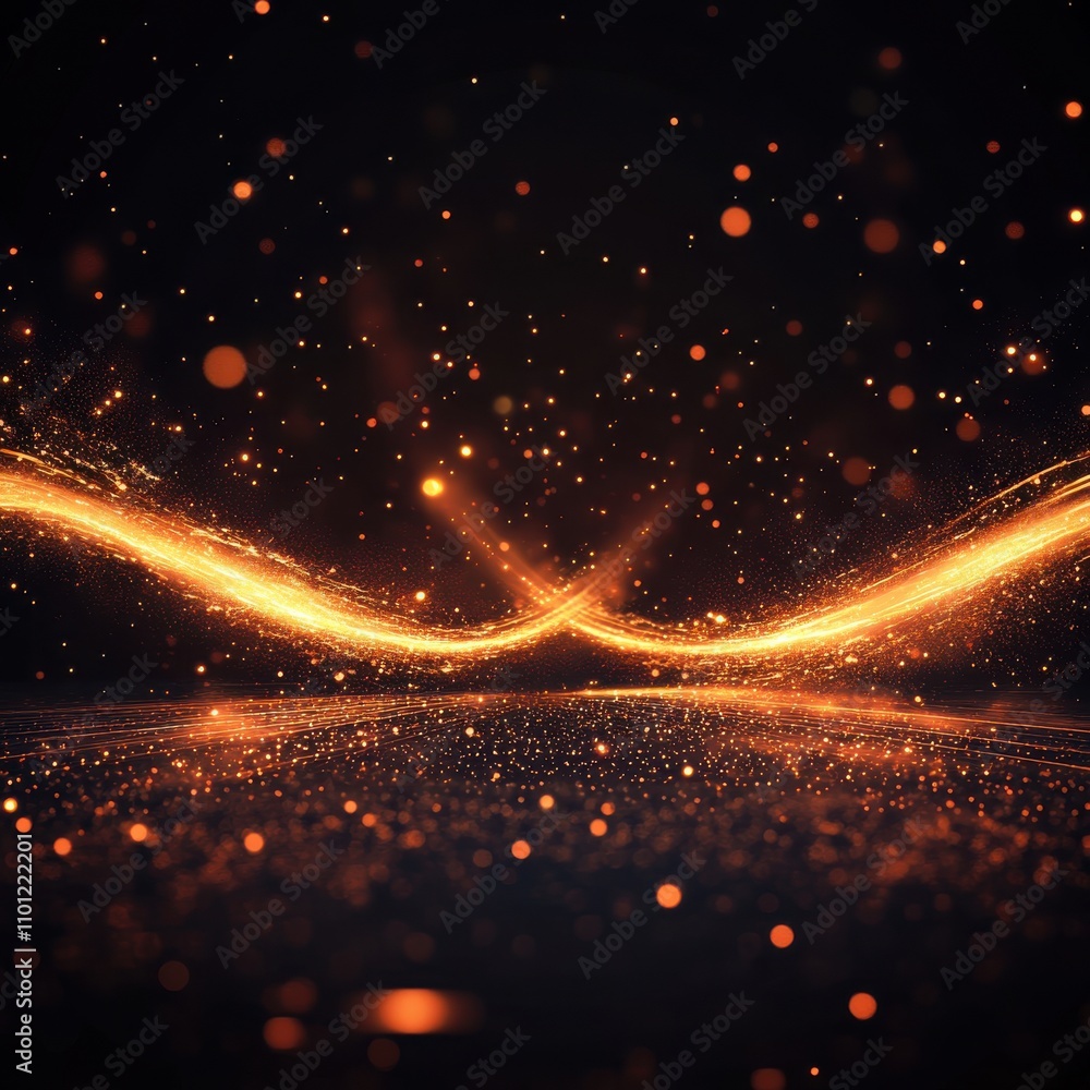 Poster a stunning visual of glowing orange waves and sparkling particles against a dark background, creatin