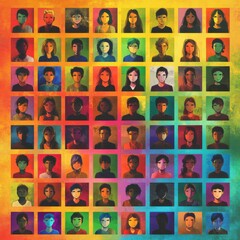 Obraz premium A vibrant collage of 64 diverse illustrated portraits, showcasing various genders and ethnicities with colorful backgrounds.