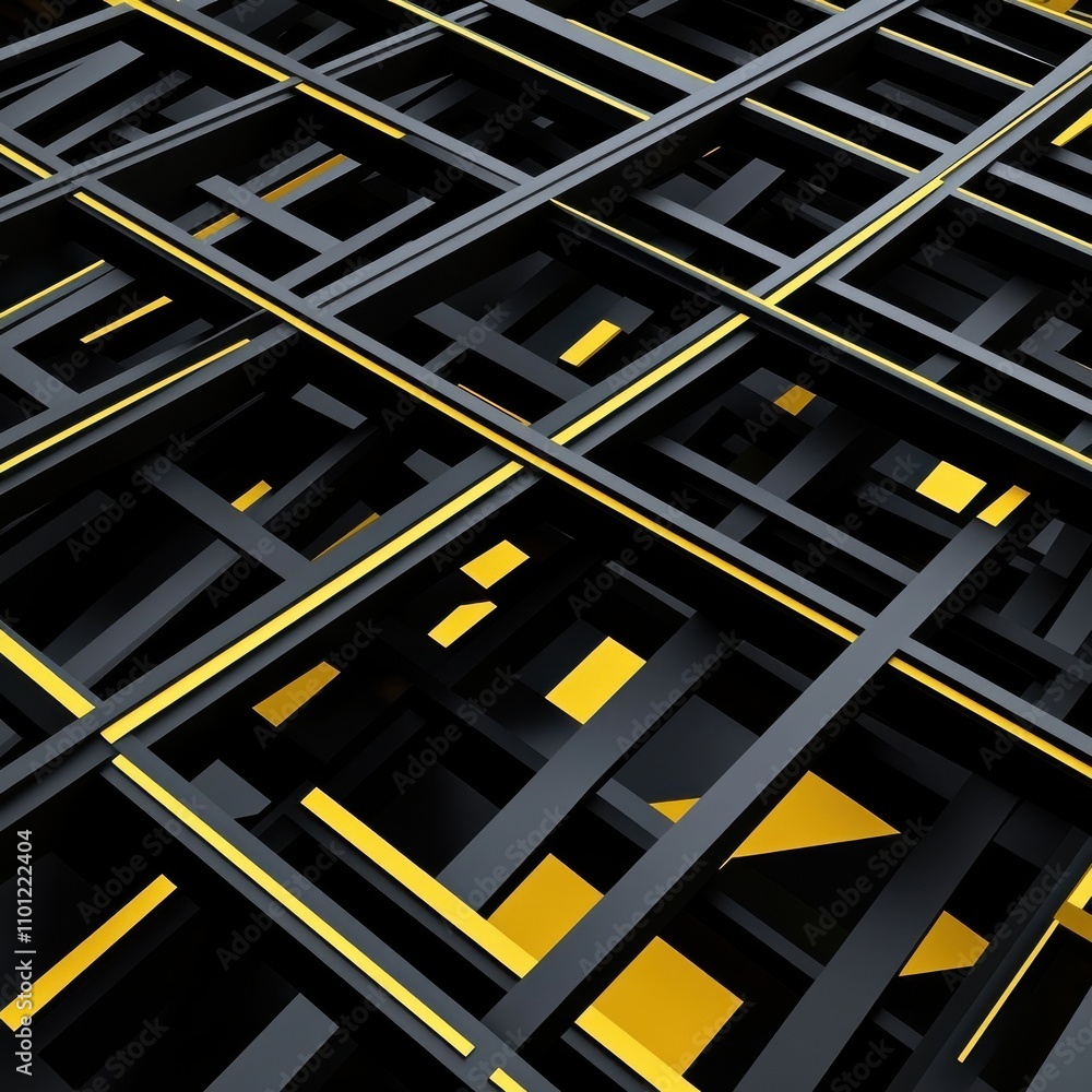 Poster abstract geometric pattern featuring black and yellow lines intersecting in a striking design.