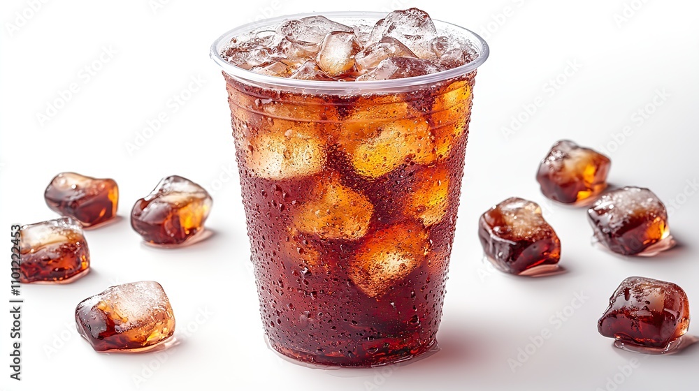 Poster flat lay top view isolated on a white background a plastic cup filled with cola and ice utilizing a 