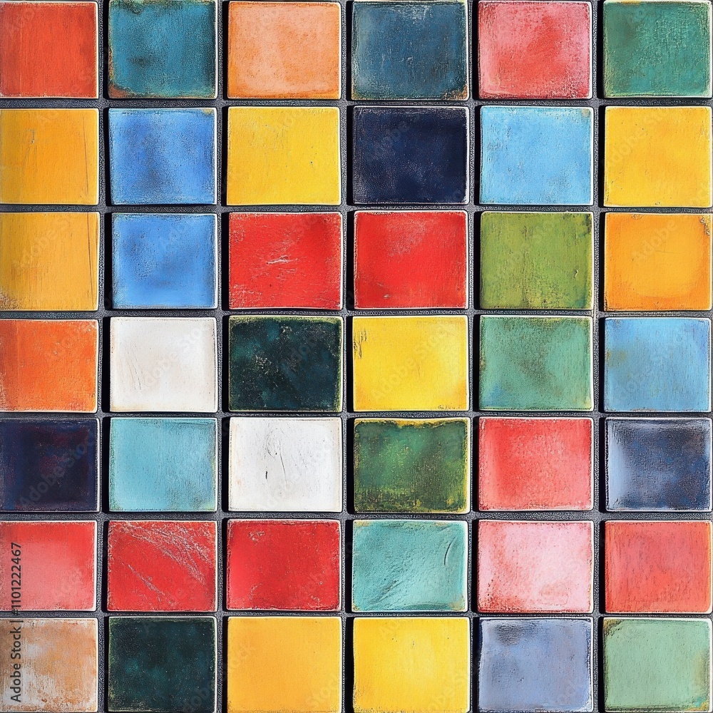 Poster A vibrant mosaic of square tiles in various colors, creating a dynamic and artistic pattern.