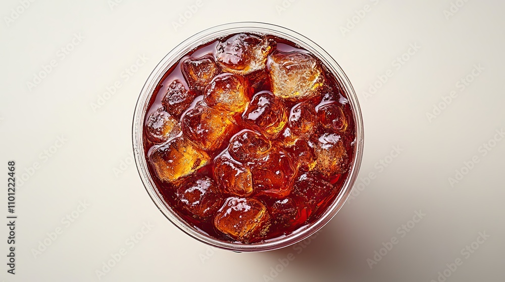 Aufkleber flat lay top view isolated on a white background a plastic cup filled with cola and ice utilizing a 