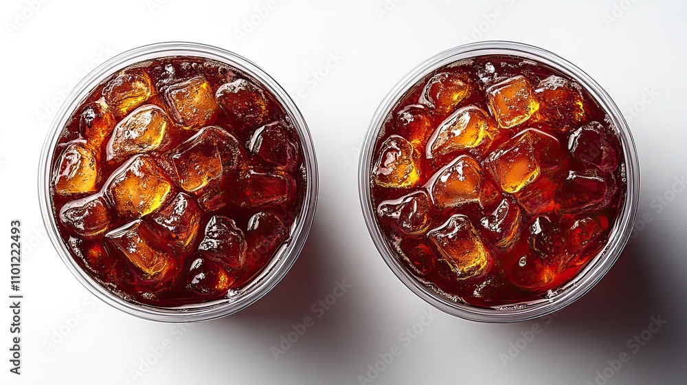 Aufkleber flat lay top view isolated on a white background a plastic cup filled with cola and ice utilizing a 