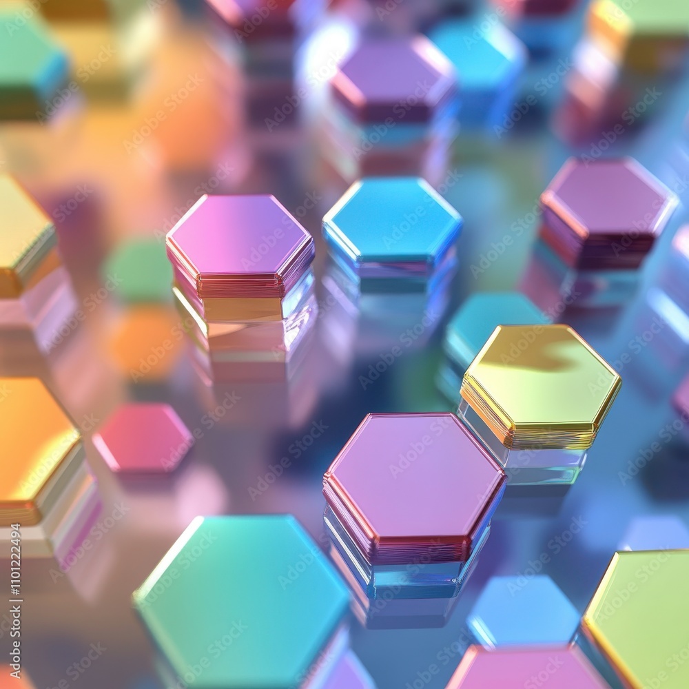 Poster vibrant hexagonal shapes reflecting light, creating a mesmerizing pattern of colors in a fluid, abst