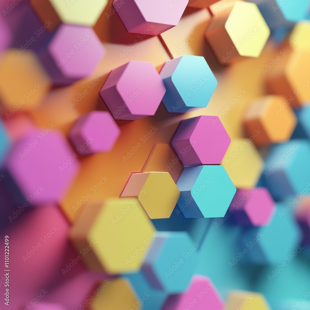 Poster Colorful geometric hexagons in vibrant shades create a dynamic abstract pattern, enhancing visual interest and depth.